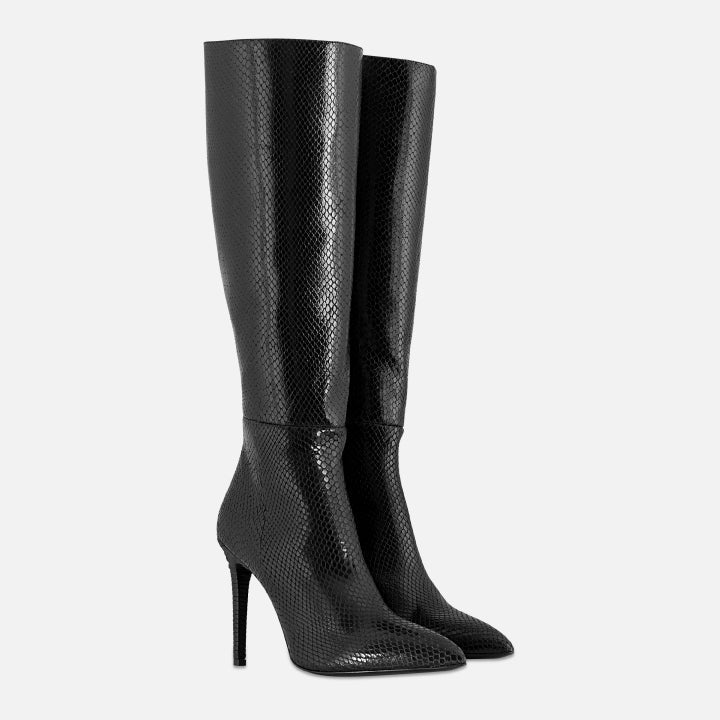 Claire Knee Boot - Black - Snake embossed - Fini Brand